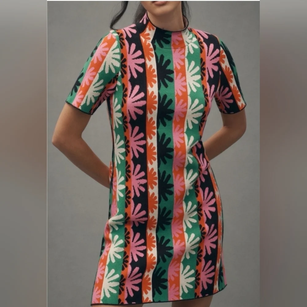 Anthropologie The Nina Short-Sleeve Mock-Neck Mod Mini Dress Size Small - Picture 2 of 9